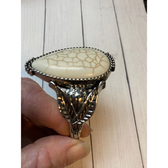 Silver Tone Cuff Bracelet with Large Teardrop Cream Stone Cabochon - Picture 3 of 5